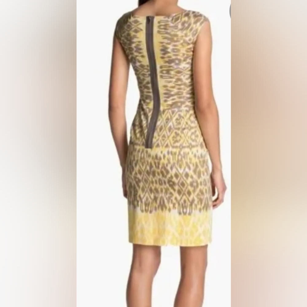 Adrianna Papell Sleeveless Sheath Midi Dress  Yellow, Brown, Ivory, Sz 14
